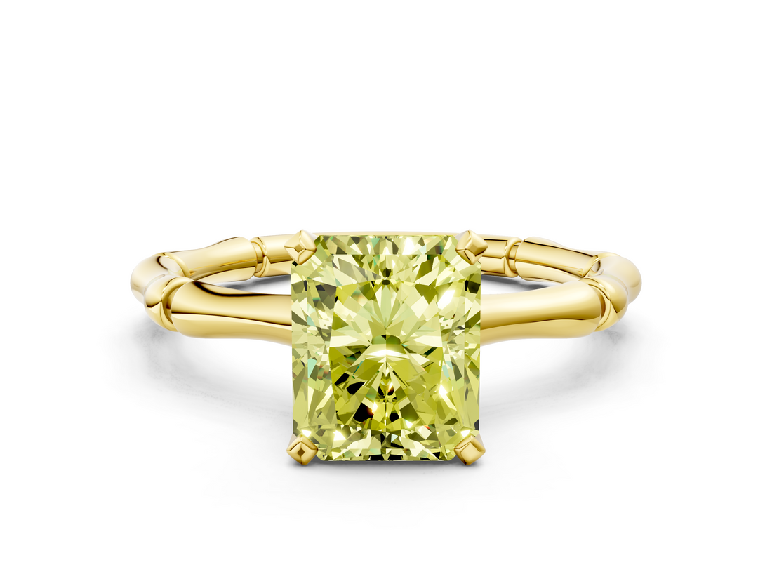 Yellow gold Fancy Yellow Radiant  Solitaire Diamond Ring with Bamboo Band and Four-Prong Setting_23