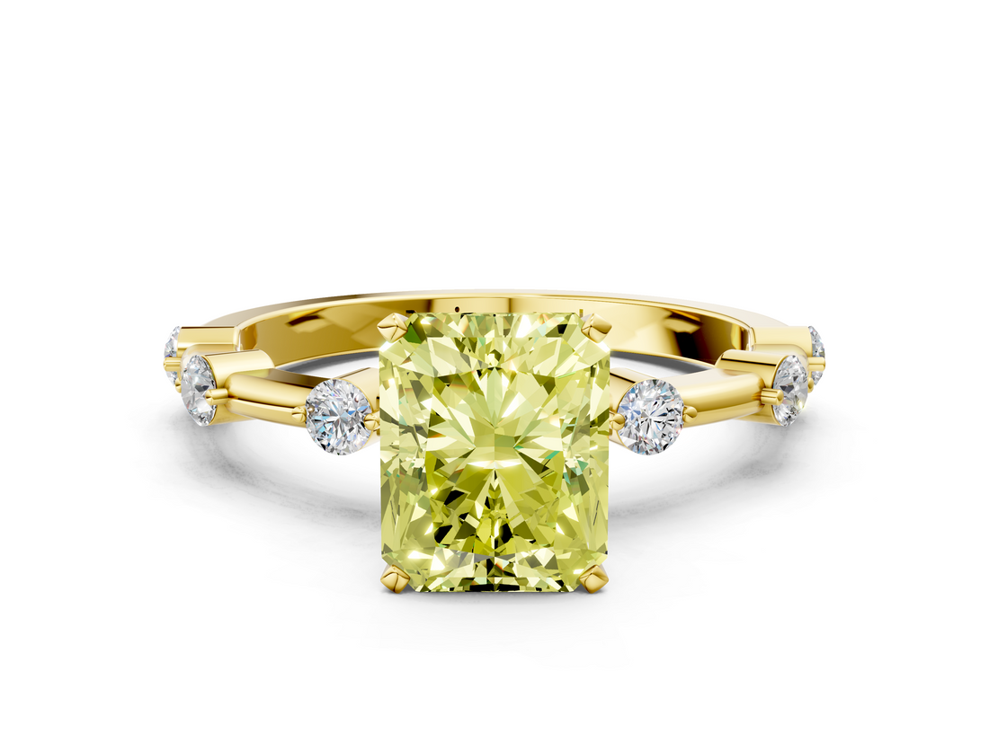 Yellow gold Fancy Yellow Radiant  Solitaire Diamond Ring with Bezel Set Side Stones and Prong Setting_3
