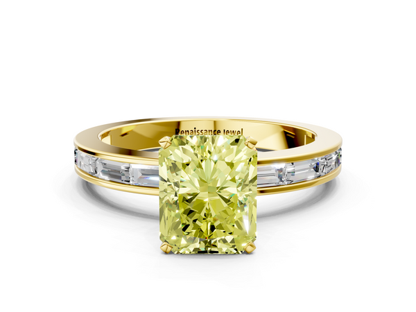 Yellow gold Fancy Yellow Radiant  Solitaire Diamond Ring with Channel-Set Baguette Band and Four-Prong Setting