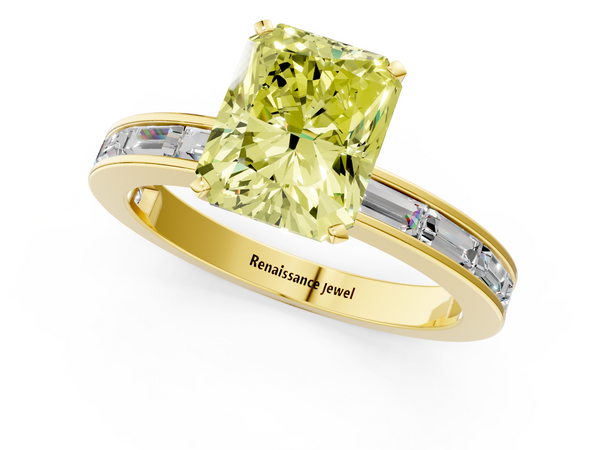 Yellow gold Fancy Yellow Radiant  Solitaire Diamond Ring with Channel-Set Baguette Band and Four-Prong Setting