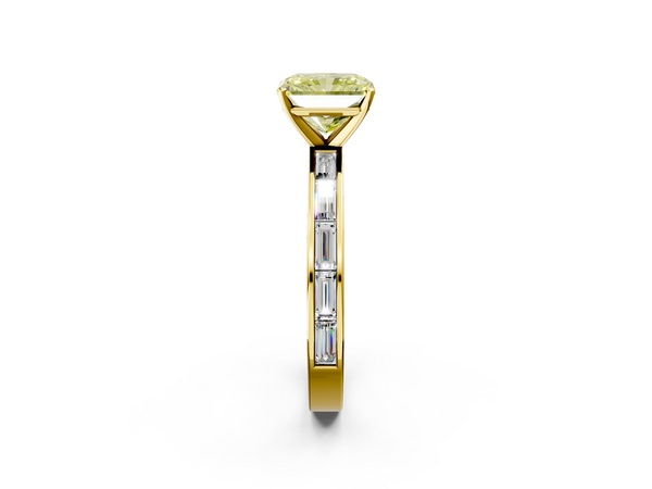 Yellow gold Fancy Yellow Radiant  Solitaire Diamond Ring with Channel-Set Baguette Band and Four-Prong Setting