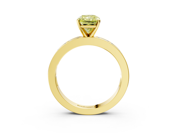 Yellow gold Fancy Yellow Radiant  Solitaire Diamond Ring with Channel-Set Baguette Band and Four-Prong Setting