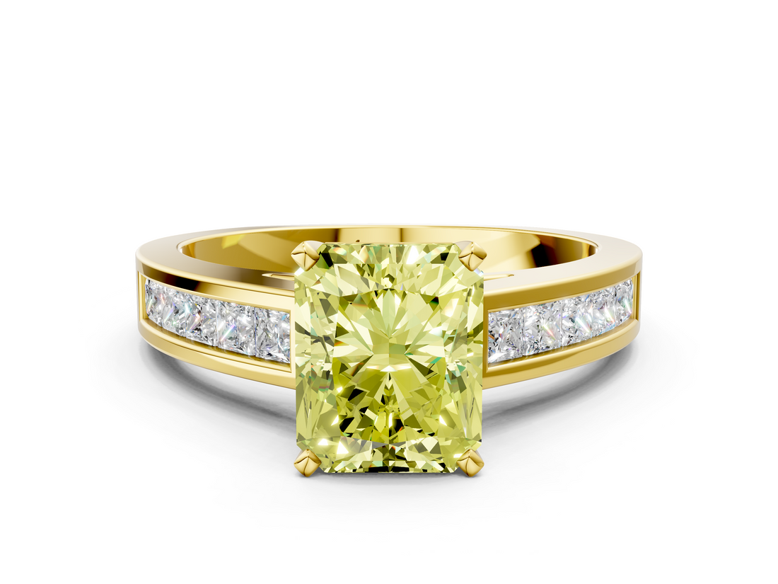 Yellow gold Fancy Yellow Radiant  Solitaire Diamond Ring with Channel-Set Band and Four-Prong Setting_3