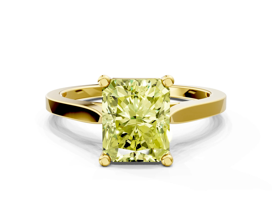 Yellow gold Fancy Yellow Radiant  Solitaire Diamond Ring with Four-Prong Setting and Tapered Band 1