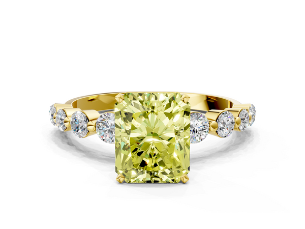 Yellow gold Fancy Yellow Radiant Cut Solitaire Diamond Ring with Pave Band and Four-Prong Setting