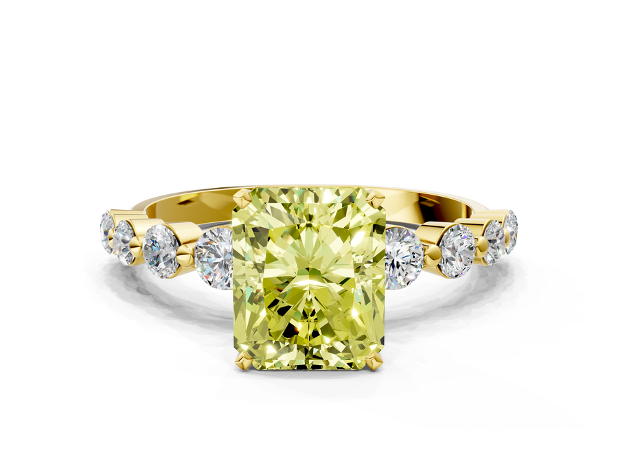 Yellow gold Fancy Yellow Radiant Cut Solitaire Diamond Ring with Pave Band and Four-Prong Setting