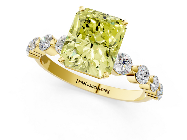 Yellow gold Fancy Yellow Radiant Cut Solitaire Diamond Ring with Pave Band and Four-Prong Setting