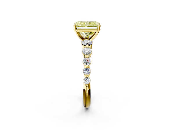 Yellow gold Fancy Yellow Radiant Cut Solitaire Diamond Ring with Pave Band and Four-Prong Setting