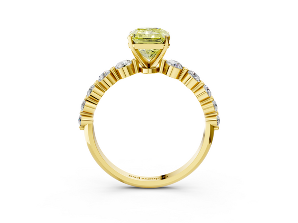Yellow gold Fancy Yellow Radiant Cut Solitaire Diamond Ring with Pave Band and Four-Prong Setting