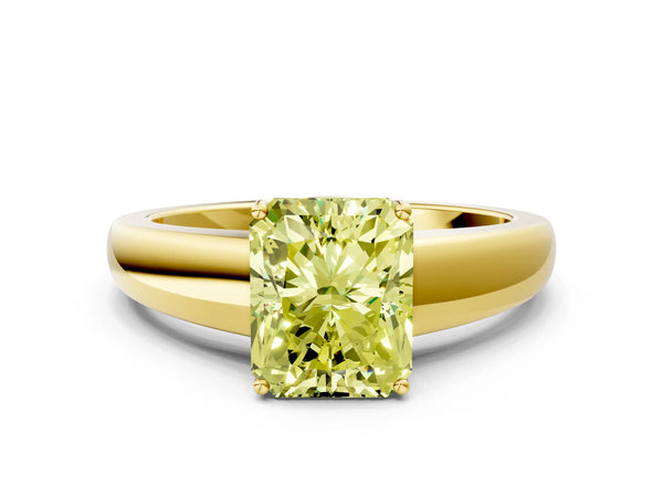 Yellow gold Fancy Yellow Radiant  Solitaire Diamond Ring with Tapered Band and Four-Prong Setting