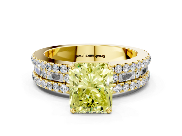 Yellow Gold Radiant Cut Pave and Baguette Engagement Ring Setting for Fancy Yellow Center