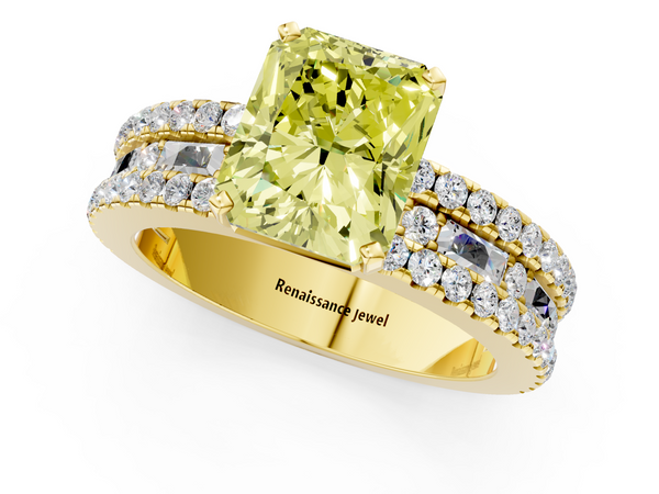 Yellow Gold Radiant Cut Pave and Baguette Engagement Ring Setting for Fancy Yellow Center