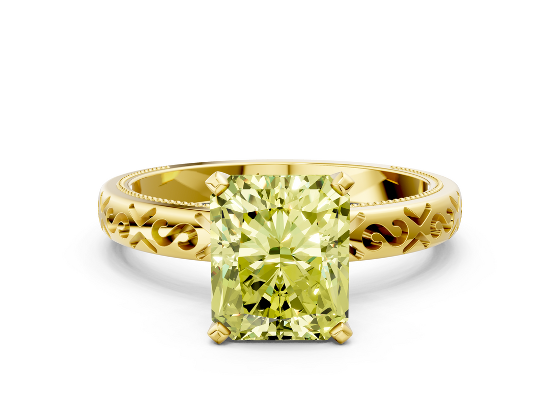 Yellow gold Fancy Yellow Radiant  Solitaire Engagement Ring with Scrollwork Band and Four-Prong Setting_116