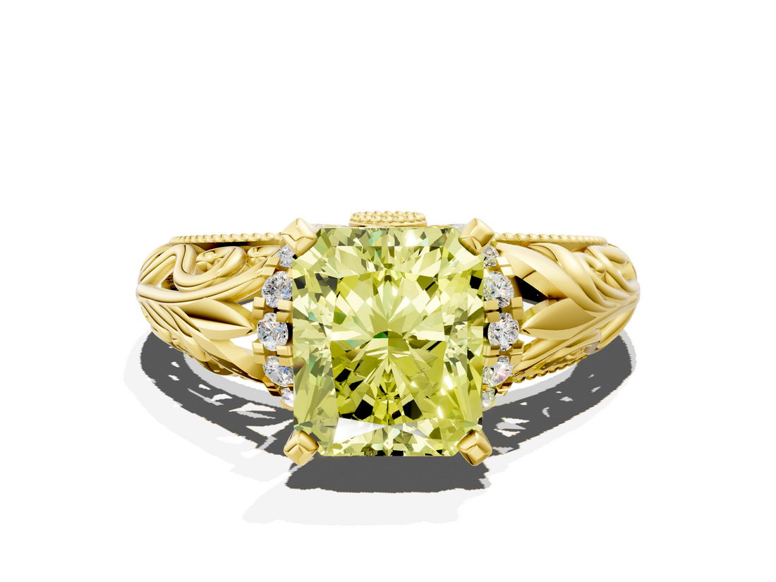 Yellow gold Fancy Yellow Radiant  Solitaire Filigree Engagement Ring with Halo and Prong Setting_69