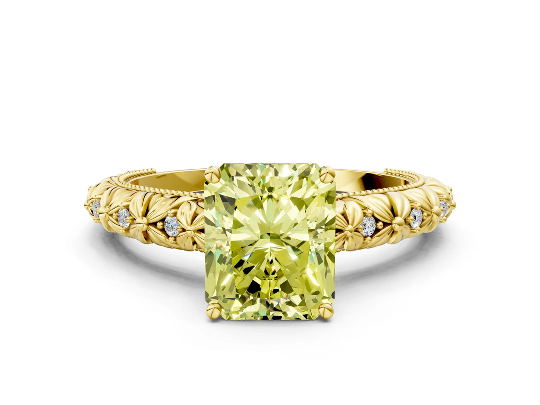 Yellow gold Fancy Yellow Radiant  Solitaire Floral Milgrain Engagement Ring_30