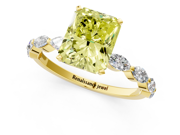 Yellow gold Fancy Yellow Radiant Cut Diamond Ring with Marquise Side Stones and Prong Setting
