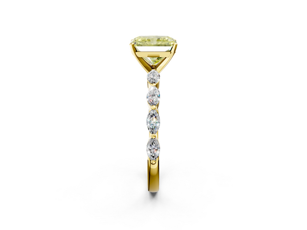 Yellow gold Fancy Yellow Radiant Cut Diamond Ring with Marquise Side Stones and Prong Setting