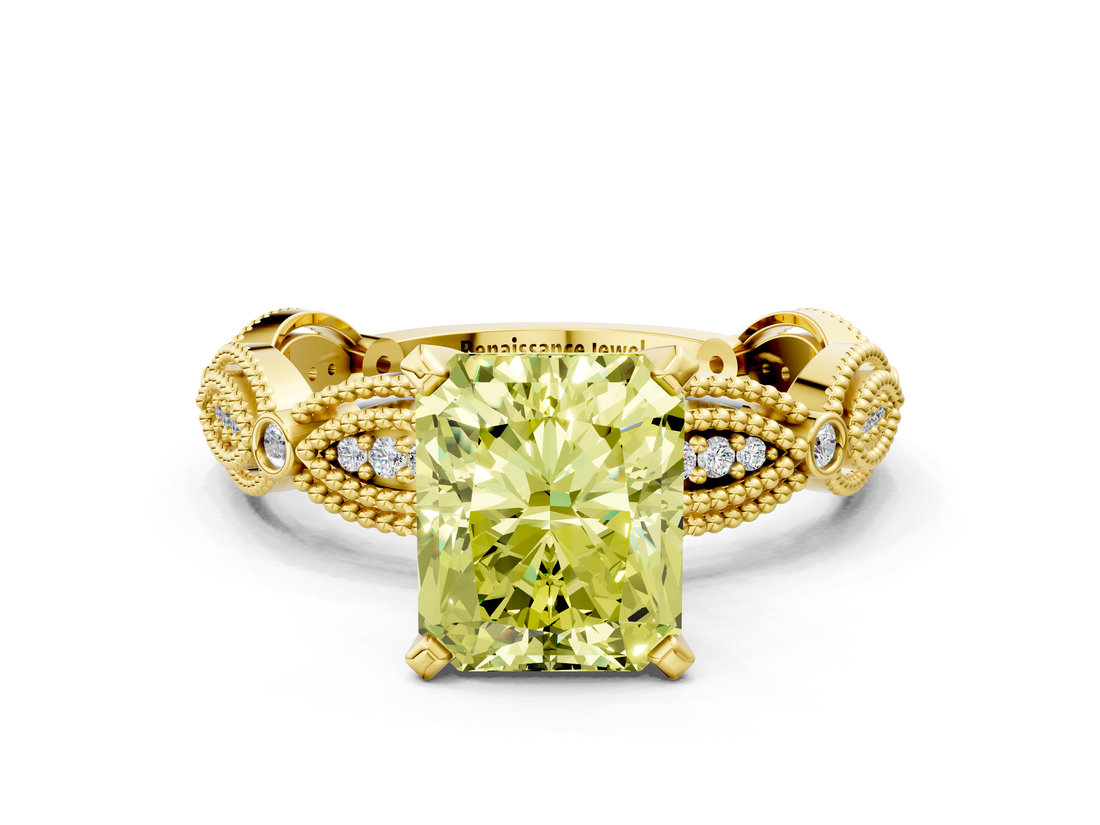 Yellow gold Fancy Yellow Radiant  Solitaire Milgrain Diamond Engagement Ring with Bezel and Marquise Band_126