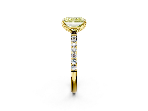 Yellow gold Fancy Yellow Radiant Cut Diamond Solitaire Engagement Ring with Round  Pavé Band and Prong Setting