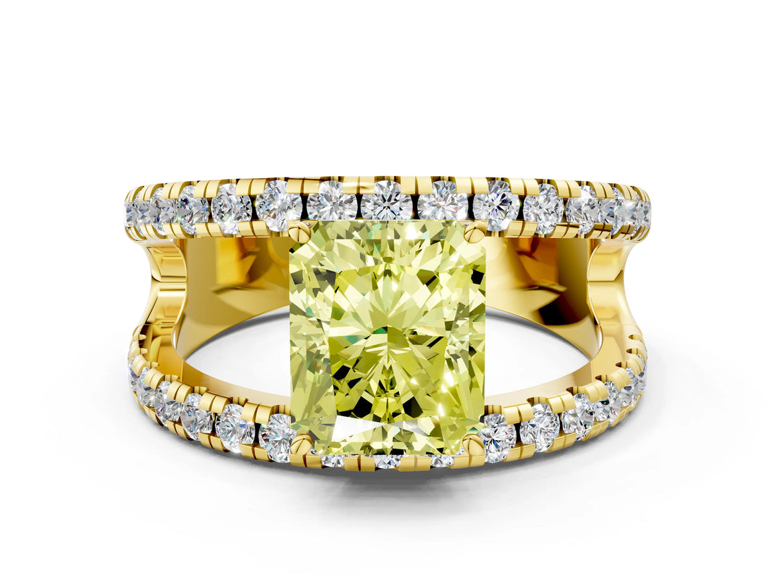 Yellow gold Fancy Yellow Radiant  Solitaire Split Shank Pave Diamond Ring_49