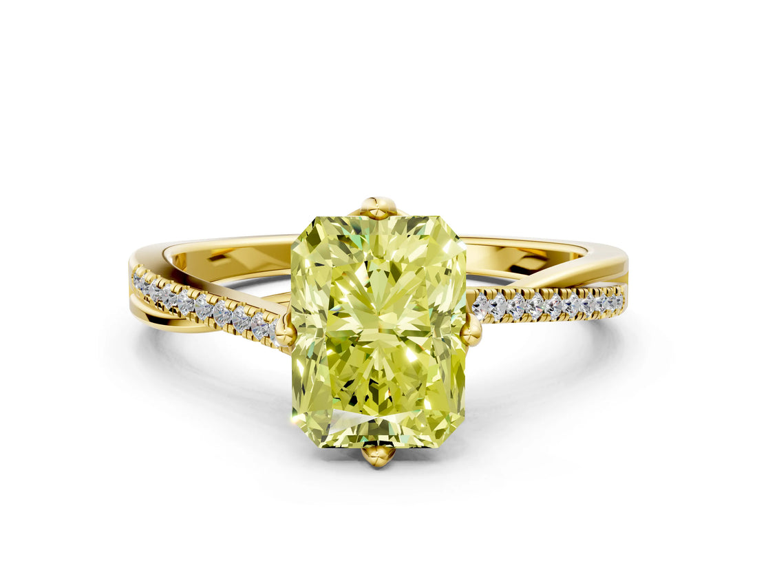 Yellow gold Fancy Yellow Radiant  Solitaire Twist Band with Pavé Diamonds and Four-Prong Setting_52
