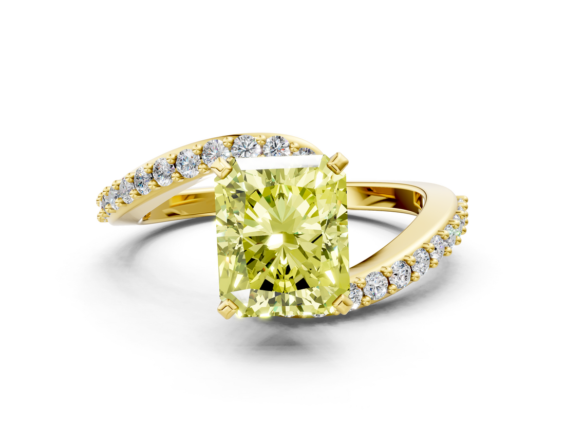 Yellow gold Fancy Yellow Radiant  Solitaire Twist Band with Pave Set Diamonds and Four-Prong Setting_126
