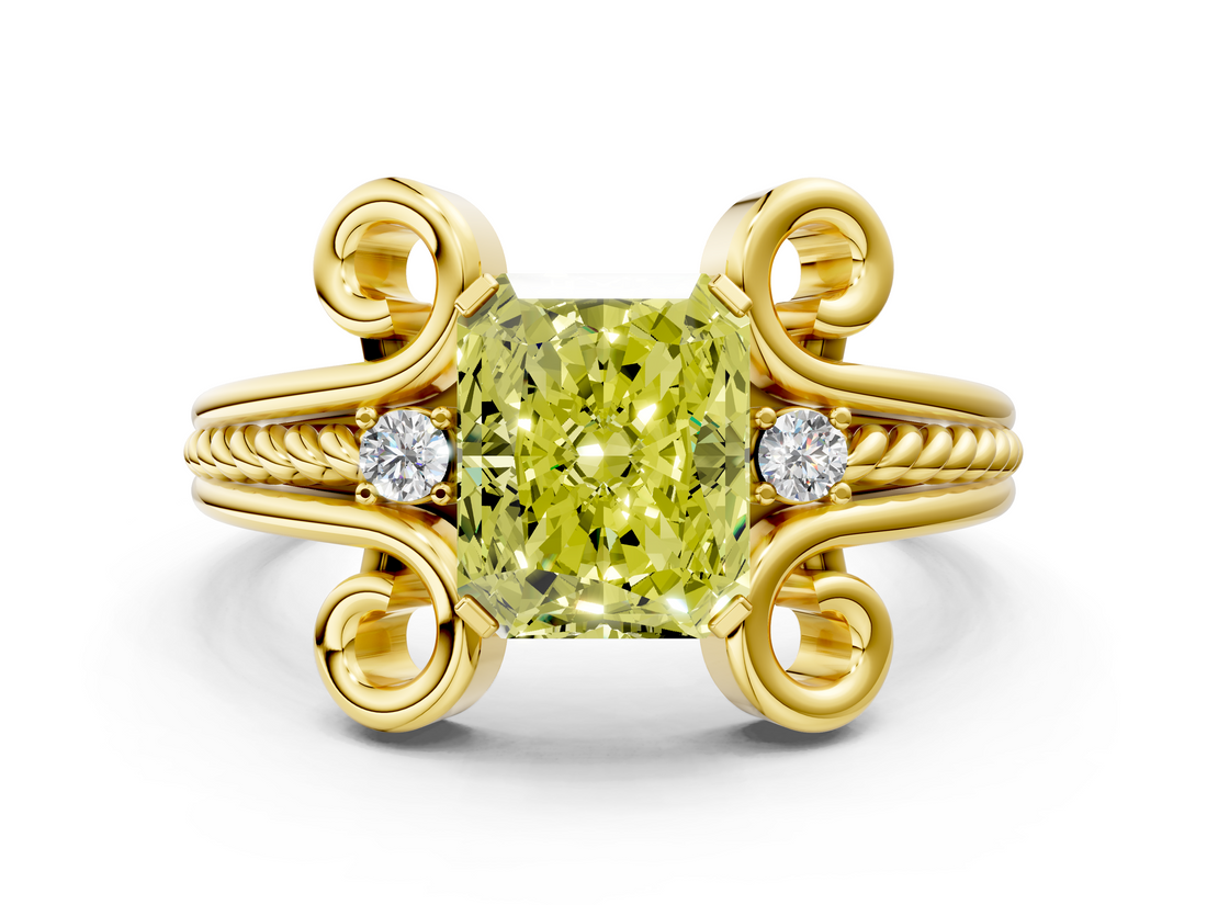 Yellow gold Fancy Yellow Radiant  Solitaire Twisted Band Scroll Prong Ring_3