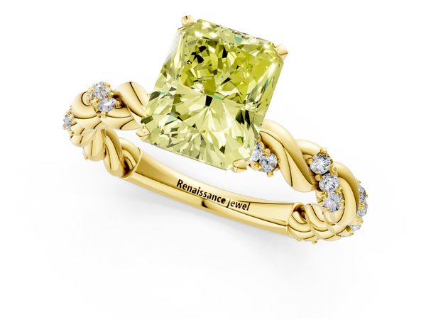 Yellow gold Fancy Yellow Radiant Cut Diamond Solitaire Ring with Twisted Band and Pavé Accents