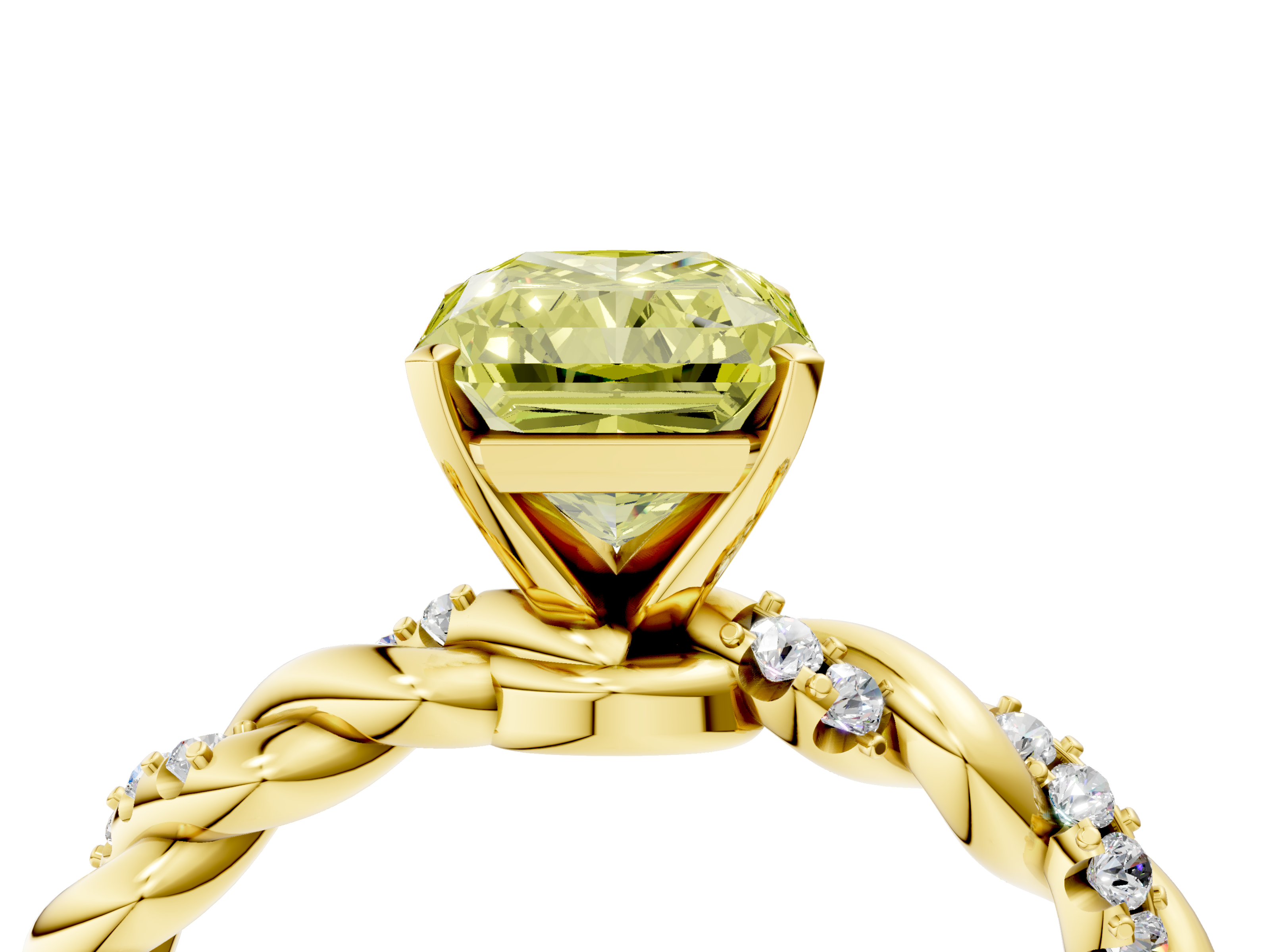 Yellow gold Fancy Yellow Radiant  Solitaire Twisted Band with Pavé Accents and Four-Prong Setting_7