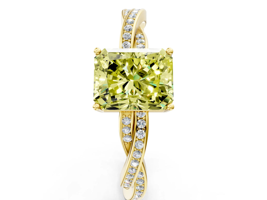Yellow gold Fancy Yellow Radiant  Solitaire Twisted Pave Diamond Ring with Four-Prong Setting_24