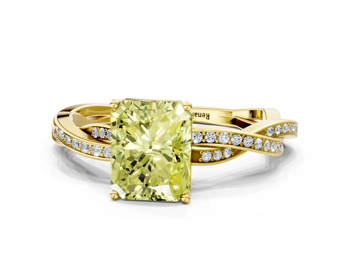 Yellow gold Fancy Yellow Radiant  Solitaire Twisted Pave Diamond Ring with Four-Prong Setting_80