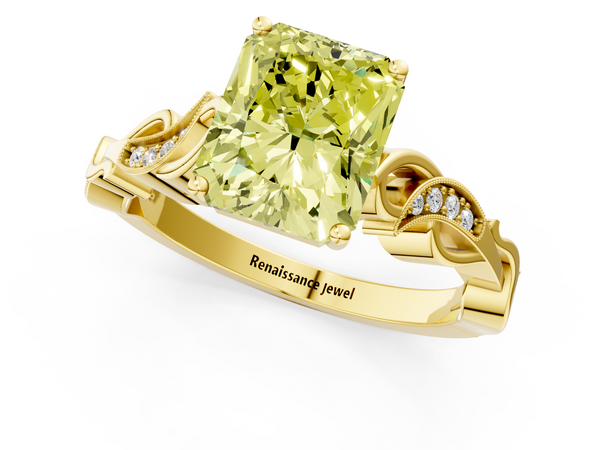 Yellow gold Fancy Yellow Radiant  Solitaire Vine Band with Milgrain Prong Setting