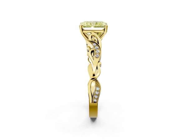 Yellow gold Fancy Yellow Radiant  Solitaire Vine Band with Milgrain Prong Setting