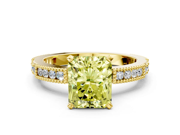 Yellow gold Fancy Yellow Radiant  Solitaire with Pavé Band and Four-Prong Setting