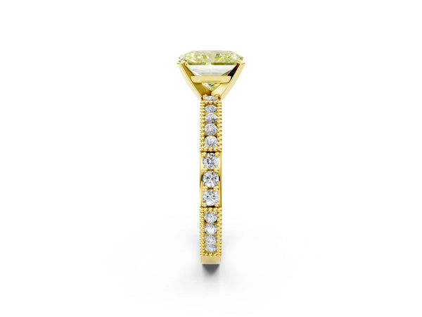 Yellow gold Fancy Yellow Radiant  Solitaire with Pavé Band and Four-Prong Setting