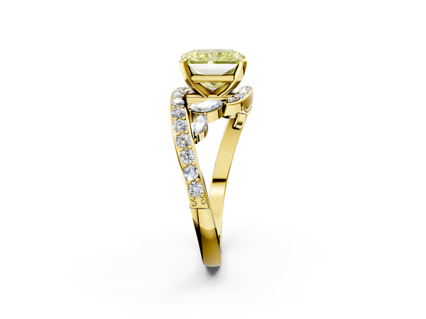 Yellow gold Fancy Yellow Radiant  Solitaire with Pavé Twist Band and Four-Prong Setting
