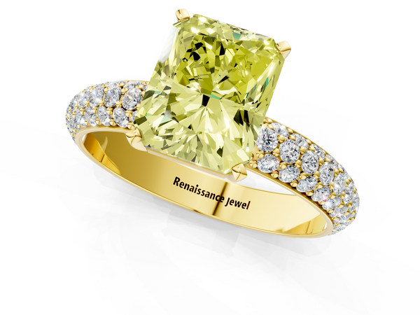 Yellow gold Fancy Yellow Radiant  Diamond Solitaire Ring with Prong Setting and Pavé Band