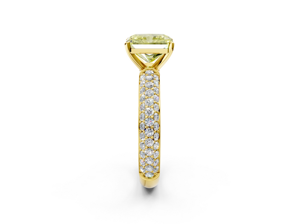 Yellow gold Fancy Yellow Radiant  Diamond Solitaire Ring with Prong Setting and Pavé Band