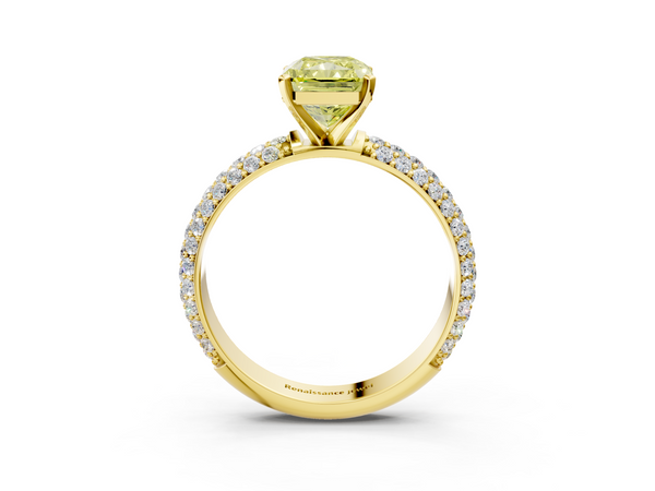 Yellow gold Fancy Yellow Radiant  Diamond Solitaire Ring with Prong Setting and Pavé Band