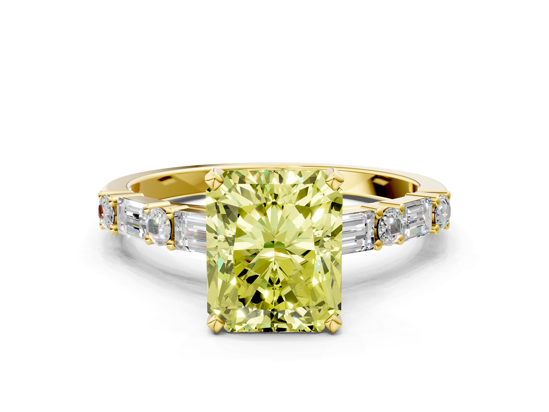 Yellow gold Fancy Yellow Radiant  Solitaire with Side Baguettes and Channel Set Band_45