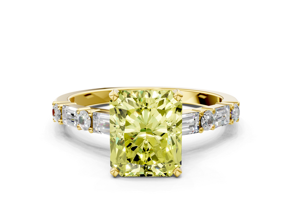 Yellow gold Fancy Yellow Radiant Cut Diamond Solitaire with Side Baguettes and Channel Set Band