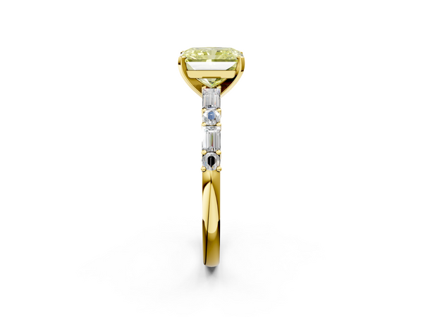 Yellow gold Fancy Yellow Radiant Cut Diamond Solitaire with Side Baguettes and Channel Set Band