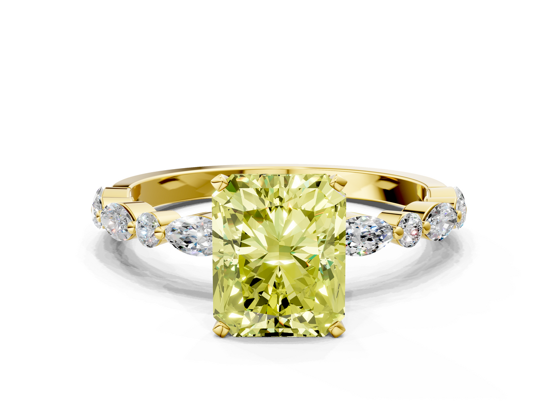 Yellow gold Fancy Yellow Radiant  Solitaire with Side Stones on a Pavé Band and Four-Prong Setting_23