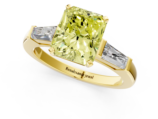 Yellow gold Fancy Yellow Radiant  Solitaire with Tapered Baguette Side Stones on a Classic Band with Four-Prong Setting