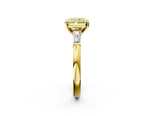 Yellow gold Fancy Yellow Radiant  Solitaire with Tapered Baguette Side Stones on a Classic Band with Four-Prong Setting