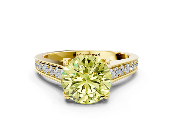Yellow gold Fancy Yellow Round  Brilliant Cut Diamond Engagement Ring with Pavé Band and Four-Prong Setting