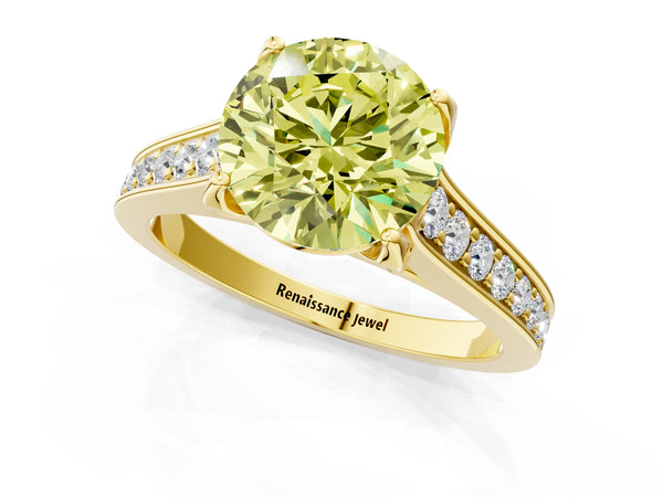 Yellow gold Fancy Yellow Round  Brilliant Cut Diamond Engagement Ring with Pavé Band and Four-Prong Setting