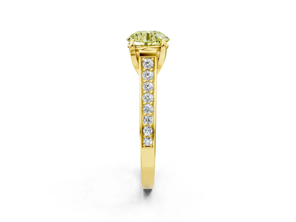 Yellow gold Fancy Yellow Round  Brilliant Cut Diamond Engagement Ring with Pavé Band and Four-Prong Setting