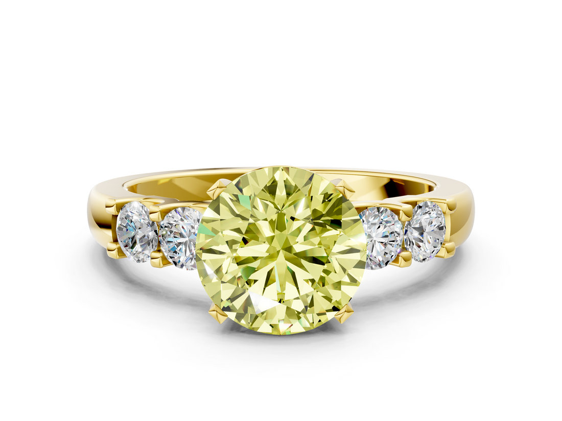 Yellow gold Fancy Yellow Round  Brilliant Cut Diamond Five-Stone Prong Set Engagement Ring with Channel Band