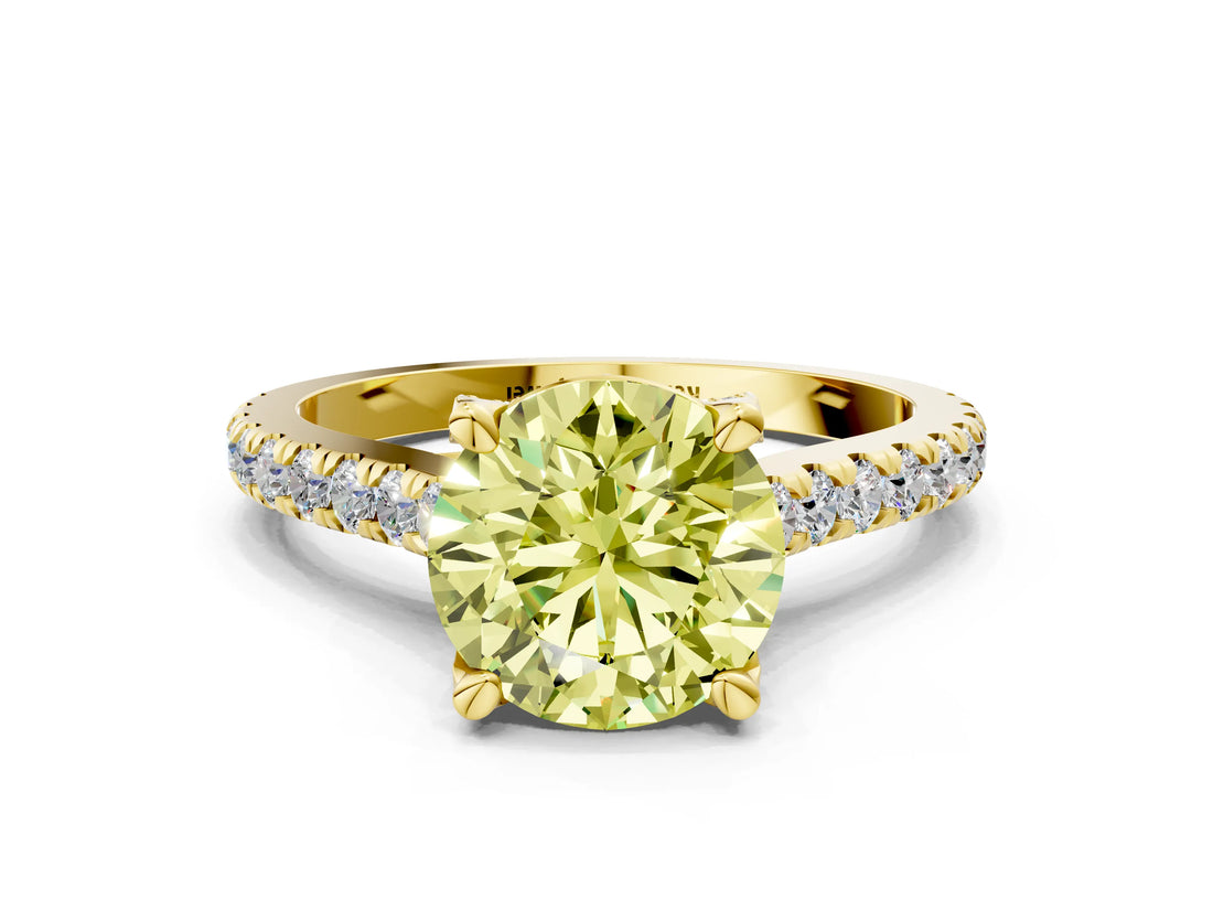 Yellow gold Fancy Yellow Round  Brilliant Diamond Solitaire with Pavé Band and Four-Prong Setting
